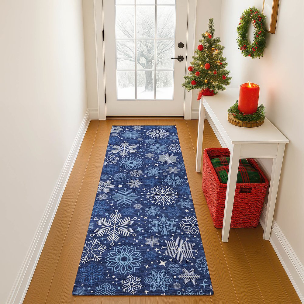 Luxury Washable Indoor/Outdoor Merry & Bright Navy 2'3" x 7'6" Runner Rug. Picture 5
