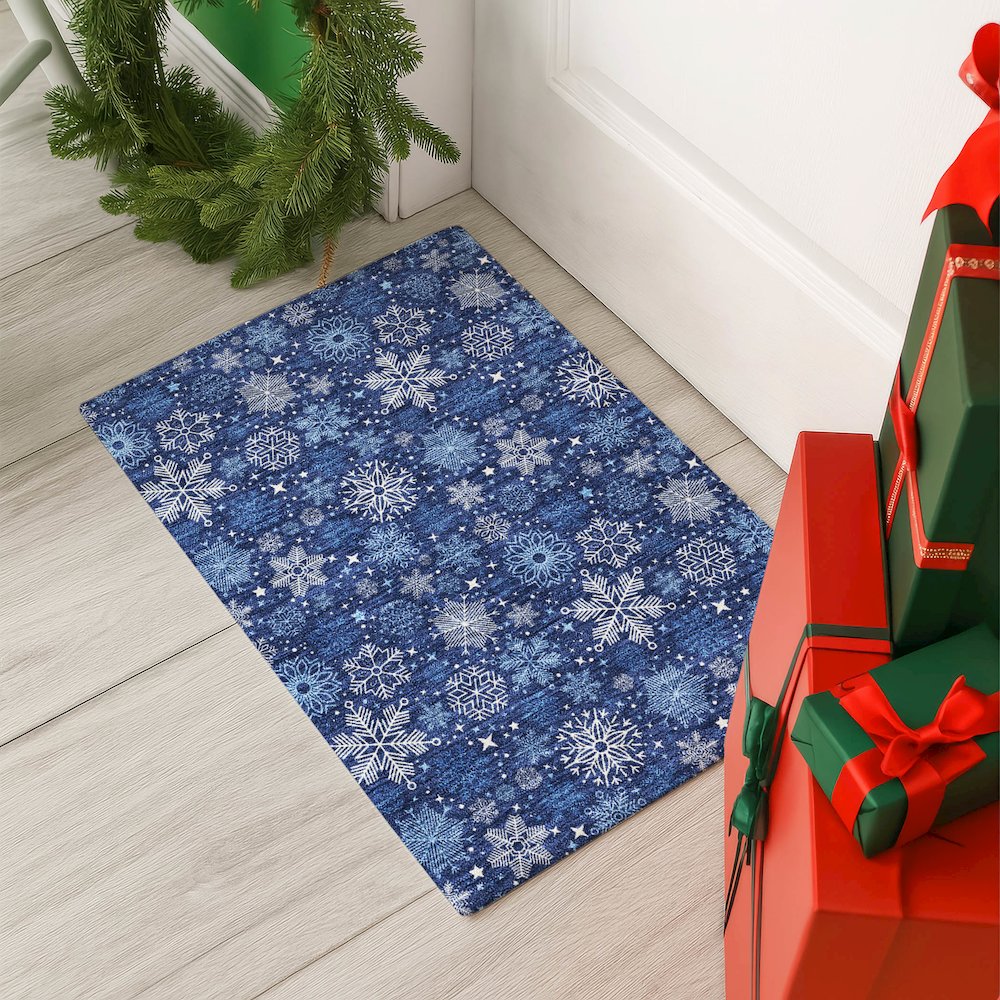 Luxury Washable Indoor/Outdoor Merry & Bright Navy 1'8" x 2'6" Rug. Picture 5