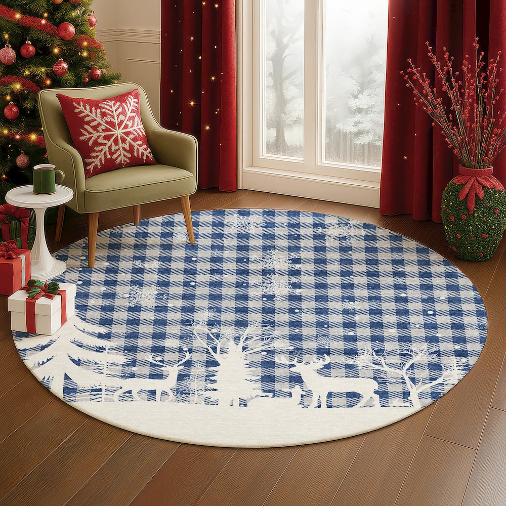 Luxury Washable Indoor/Outdoor Merry & Bright Blue 8' x 8' Round Rug. Picture 5