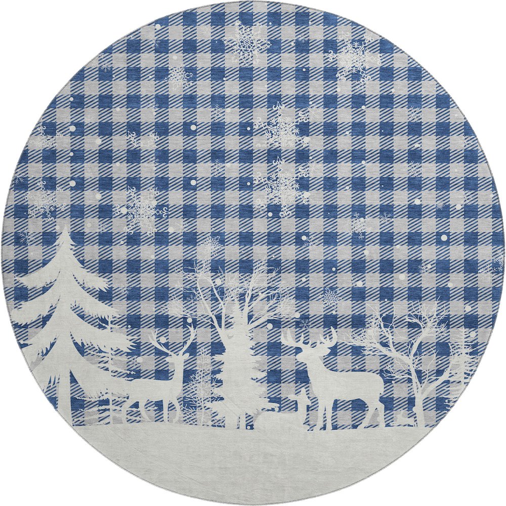 Luxury Washable Indoor/Outdoor Merry & Bright Blue 8' x 8' Round Rug. Picture 1