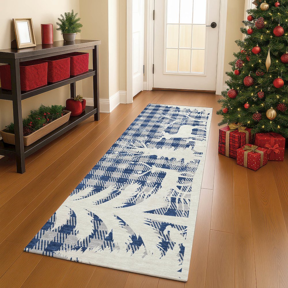 Luxury Washable Indoor/Outdoor Merry & Bright Blue 2'3" x 7'6" Runner Rug. Picture 5