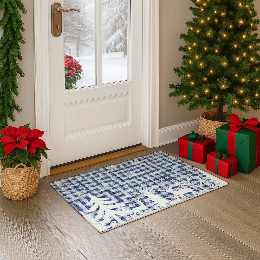 Luxury Washable Indoor/Outdoor Merry & Bright Blue 1'8" x 2'6" Rug. Picture 5