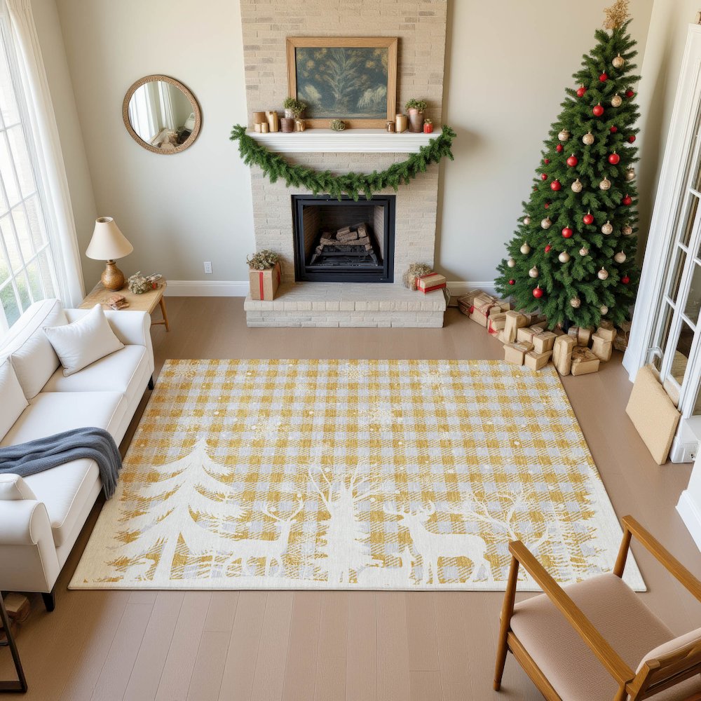 Luxury Washable Indoor/Outdoor Merry & Bright Gold 2'6" x 3'10" Rug. Picture 5