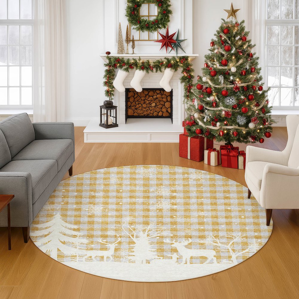 Luxury Washable Indoor/Outdoor Merry & Bright Gold 8' x 8' Round Rug. Picture 5