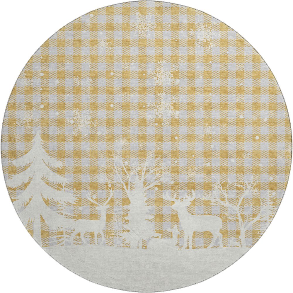 Luxury Washable Indoor/Outdoor Merry & Bright Gold 8' x 8' Round Rug. Picture 1