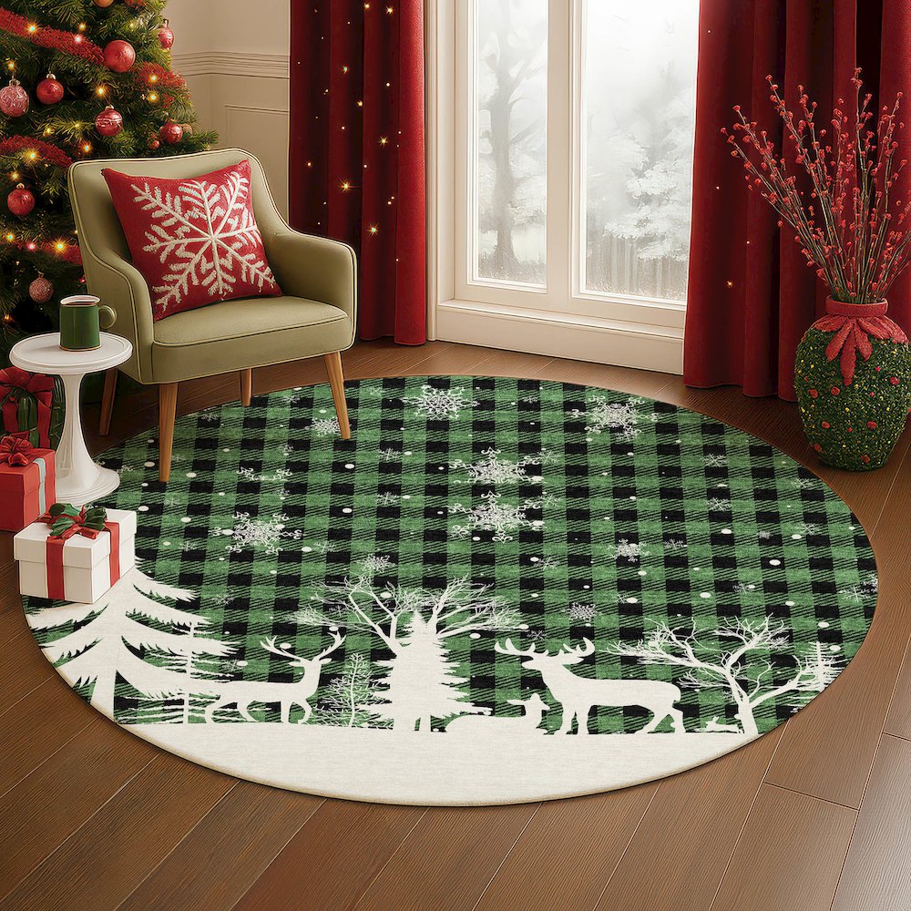 Luxury Washable Indoor/Outdoor Merry & Bright Green 8' x 8' Round Rug. Picture 5