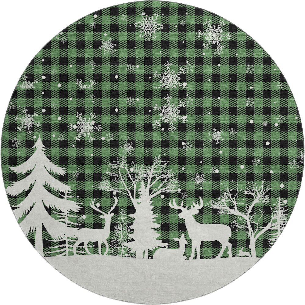 Luxury Washable Indoor/Outdoor Merry & Bright Green 8' x 8' Round Rug. Picture 1
