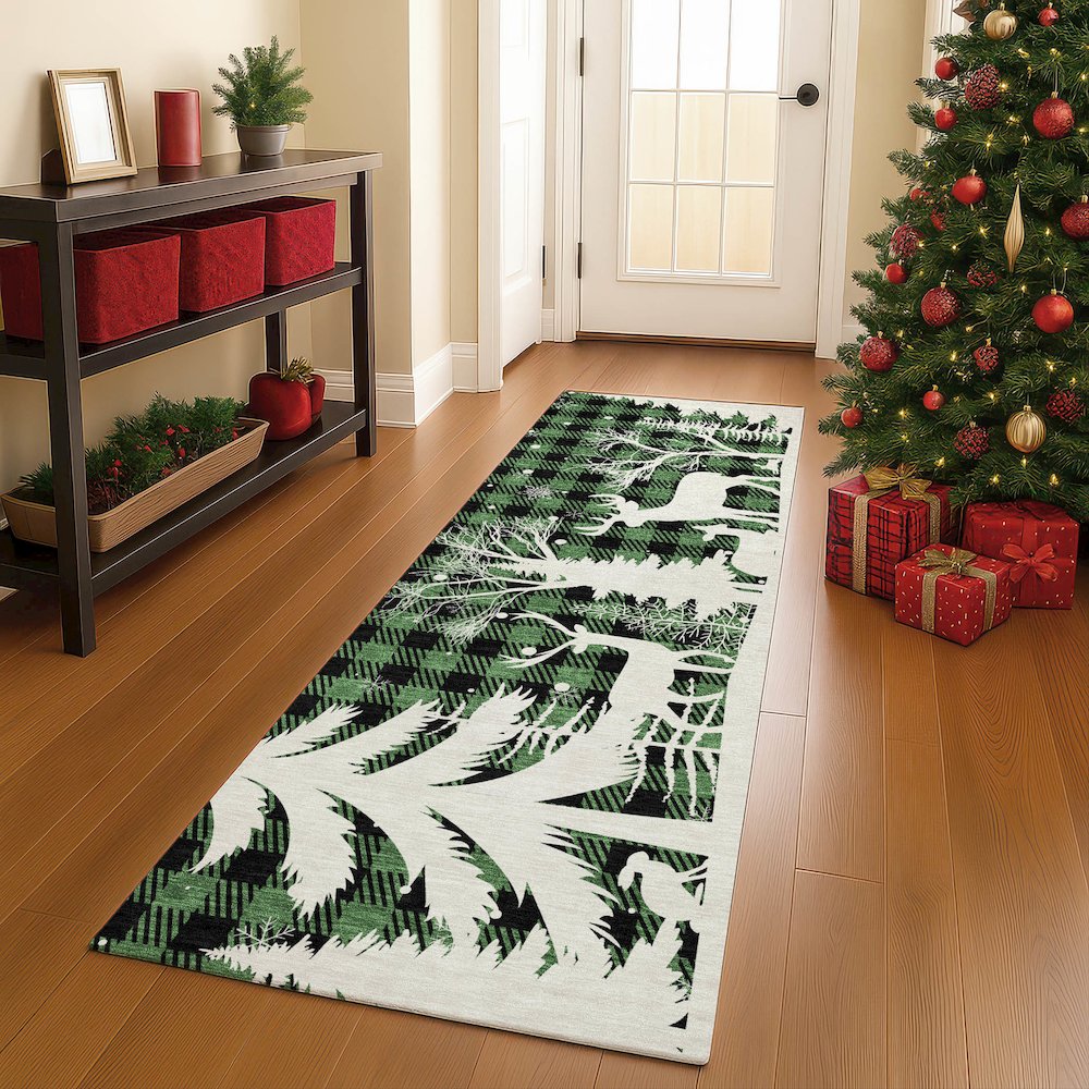 Luxury Washable Indoor/Outdoor Merry & Bright Green 2'3" x 7'6" Runner Rug. Picture 5