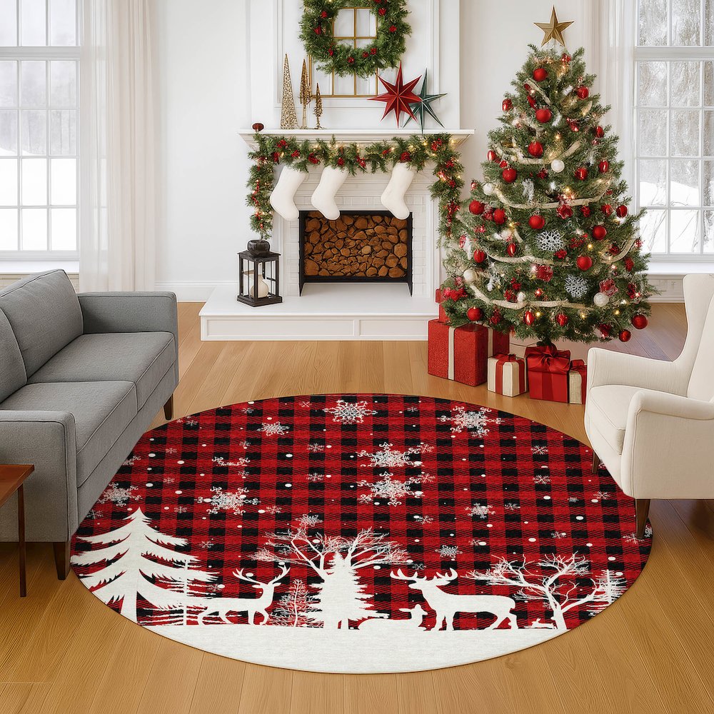 Luxury Washable Indoor/Outdoor Merry & Bright Red 8' x 8' Round Rug. Picture 5