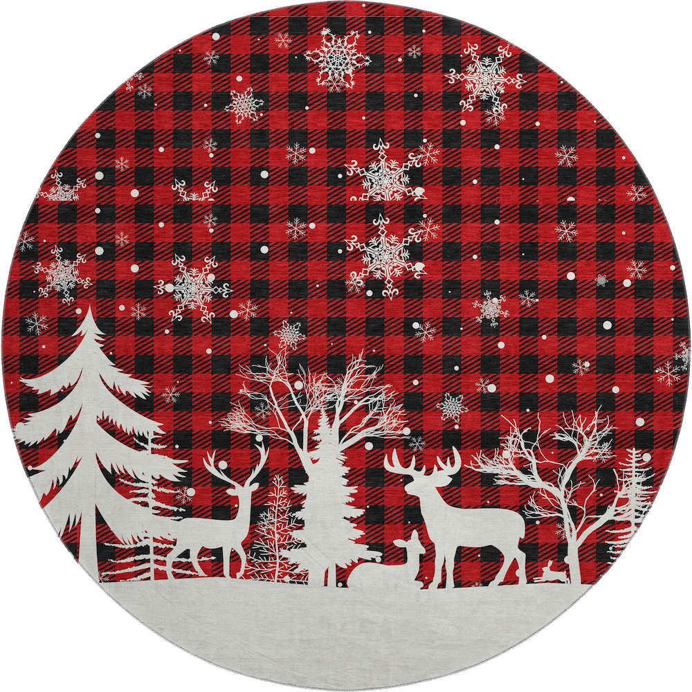Luxury Washable Indoor/Outdoor Merry & Bright Red 8' x 8' Round Rug. Picture 1