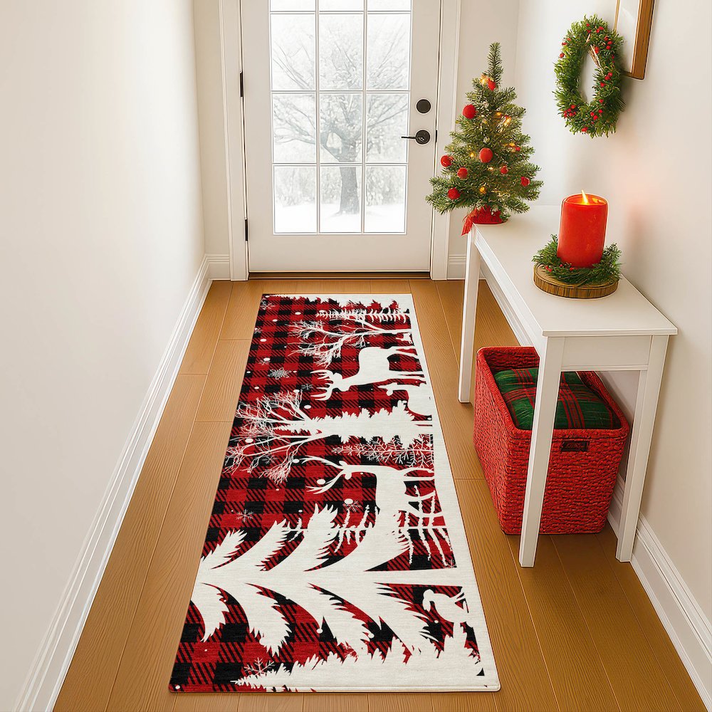 Luxury Washable Indoor/Outdoor Merry & Bright Red 2'3" x 7'6" Runner Rug. Picture 5