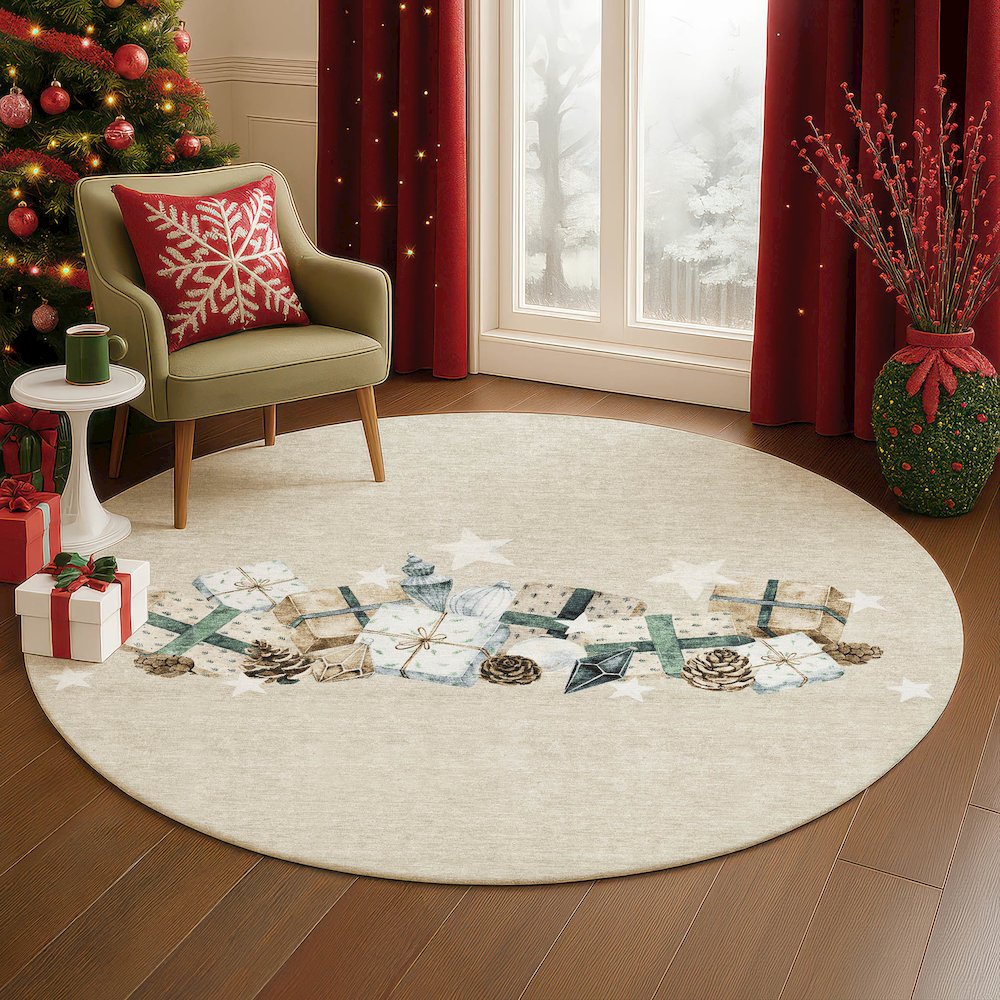 Luxury Washable Indoor/Outdoor Merry & Bright Beige 8' x 8' Round Rug. Picture 5