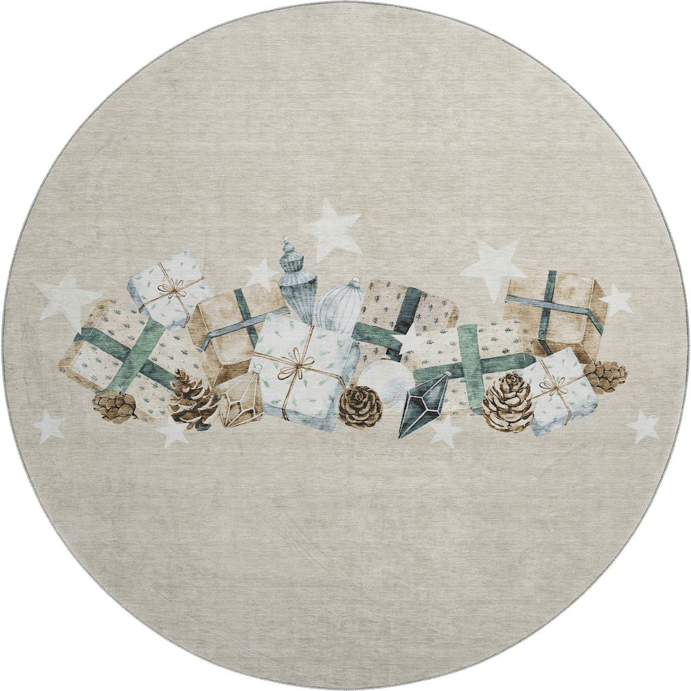 Luxury Washable Indoor/Outdoor Merry & Bright Beige 8' x 8' Round Rug. Picture 1