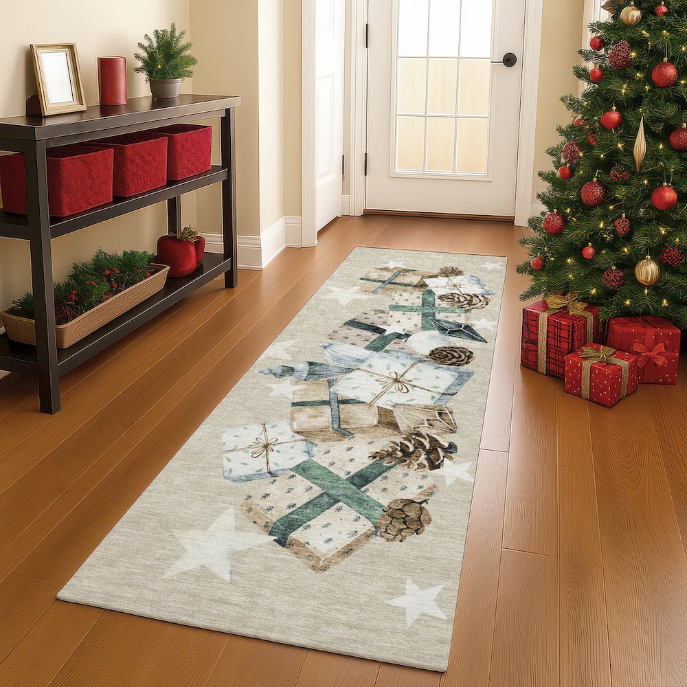 Luxury Washable Indoor/Outdoor Merry & Bright Beige 2'3" x 7'6" Runner Rug. Picture 5