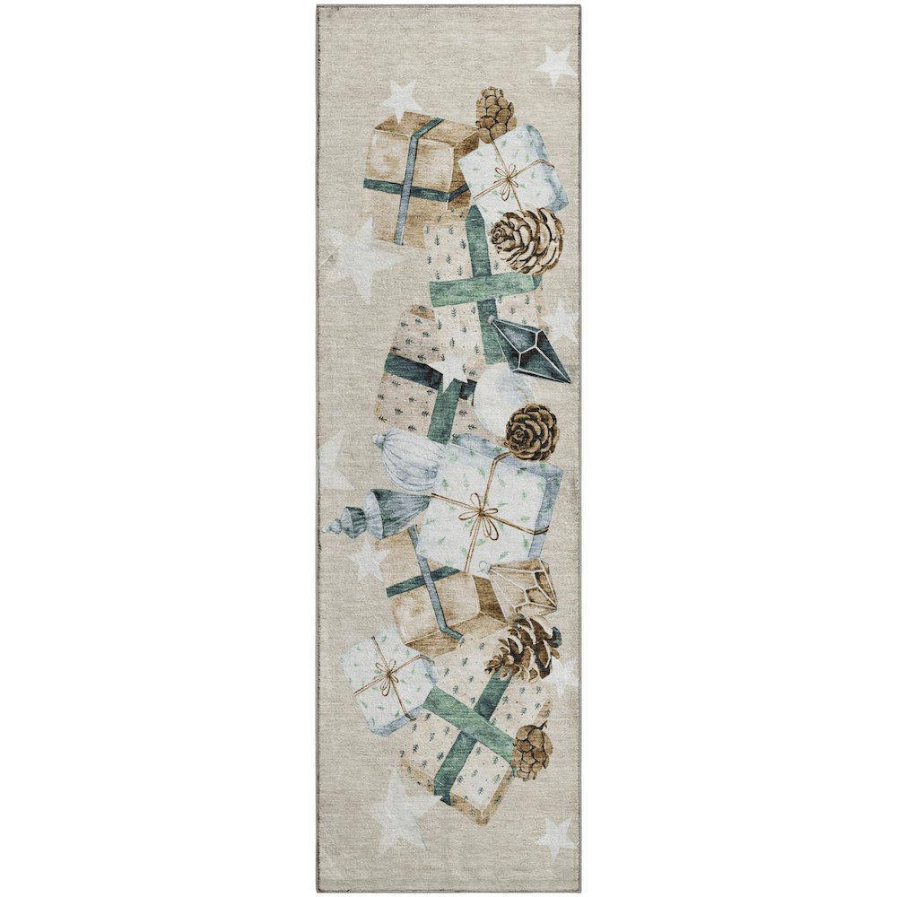 Luxury Washable Indoor/Outdoor Merry & Bright Beige 2'3" x 7'6" Runner Rug. Picture 1