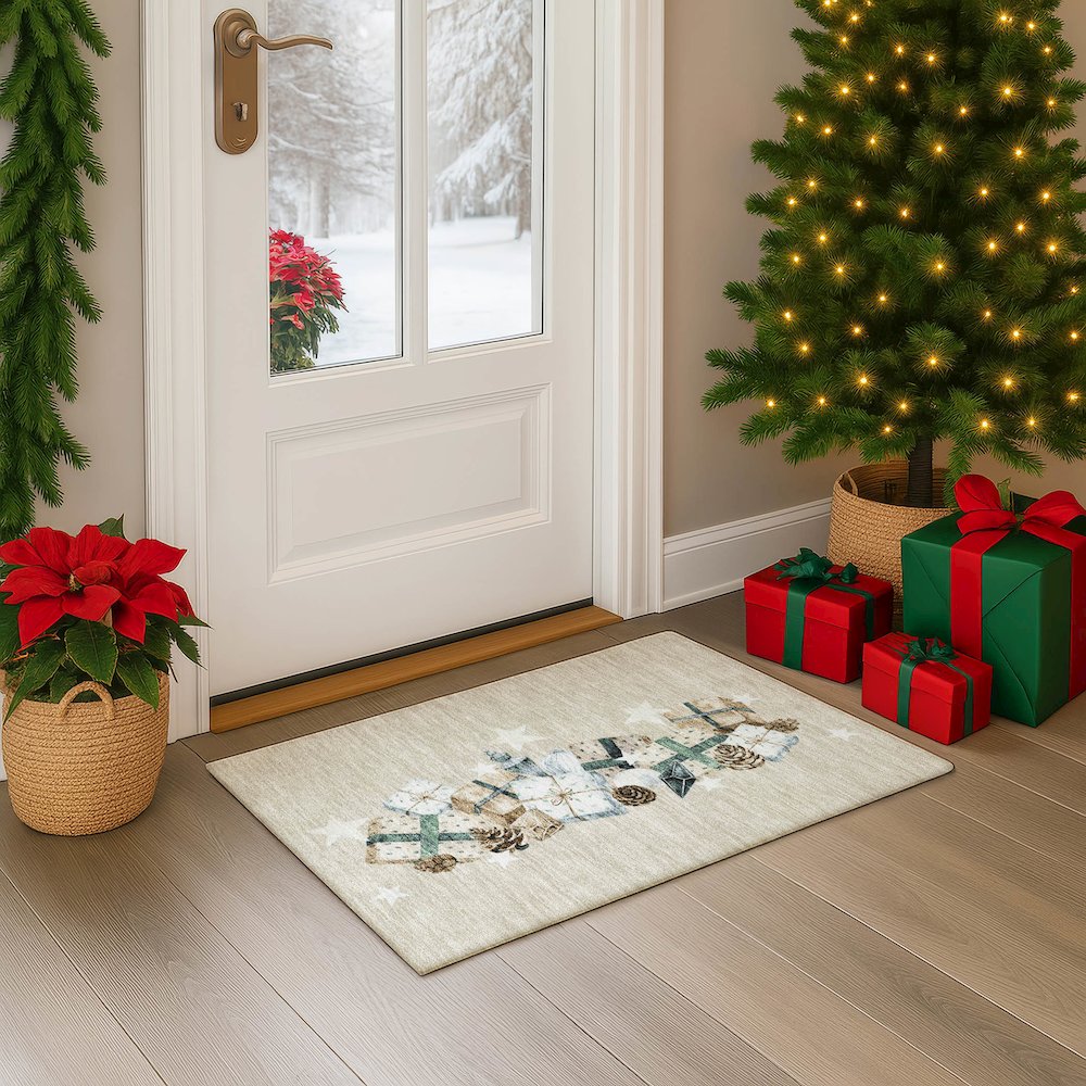 Luxury Washable Indoor/Outdoor Merry & Bright Beige 1'8" x 2'6" Rug. Picture 5