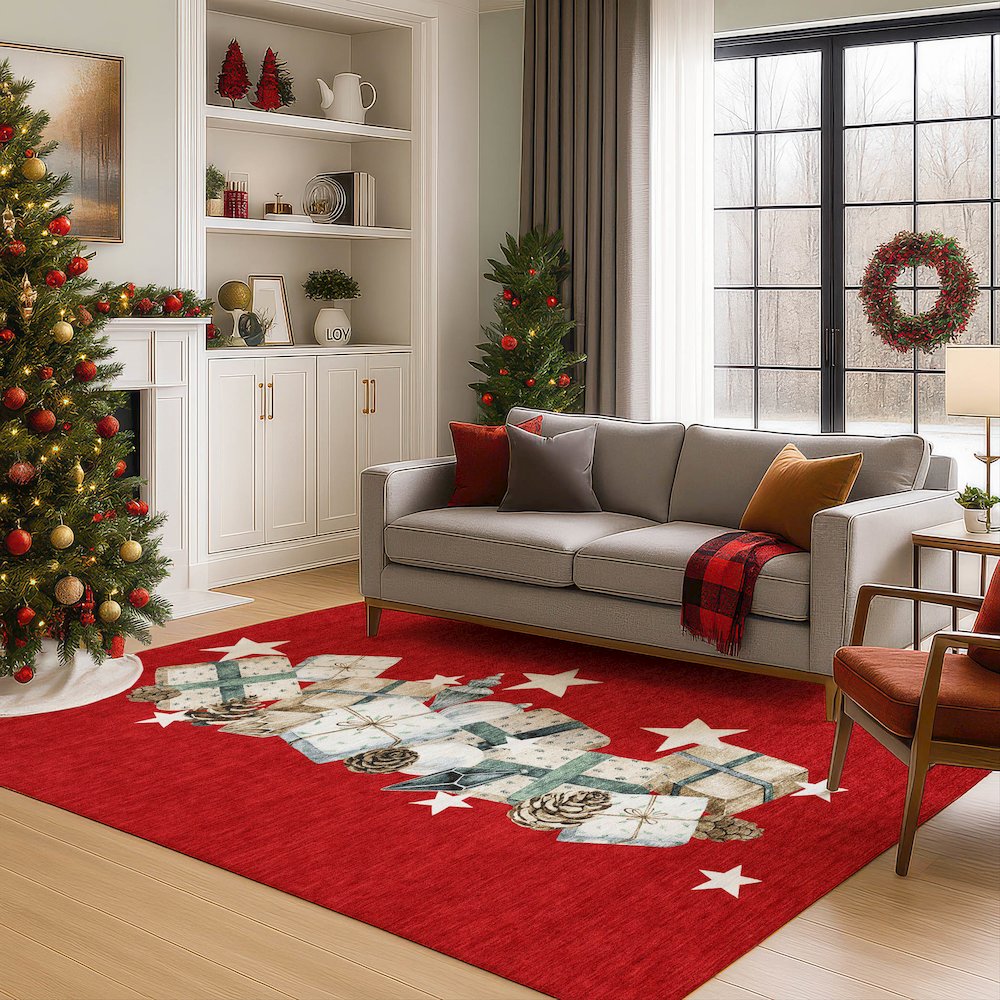 Luxury Washable Indoor/Outdoor Merry & Bright Red 2'6" x 3'10" Rug. Picture 6