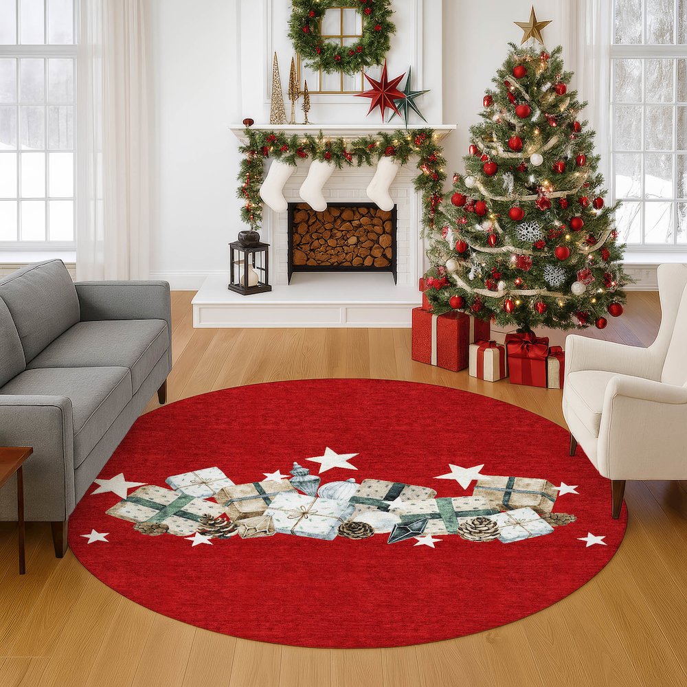 Luxury Washable Indoor/Outdoor Merry & Bright Red 8' x 8' Round Rug. Picture 5