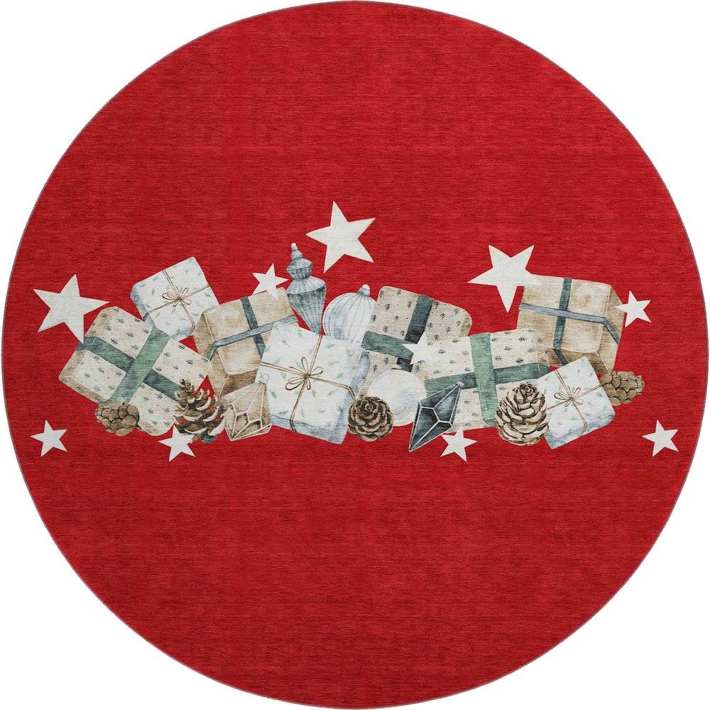 Luxury Washable Indoor/Outdoor Merry & Bright Red 8' x 8' Round Rug. Picture 1