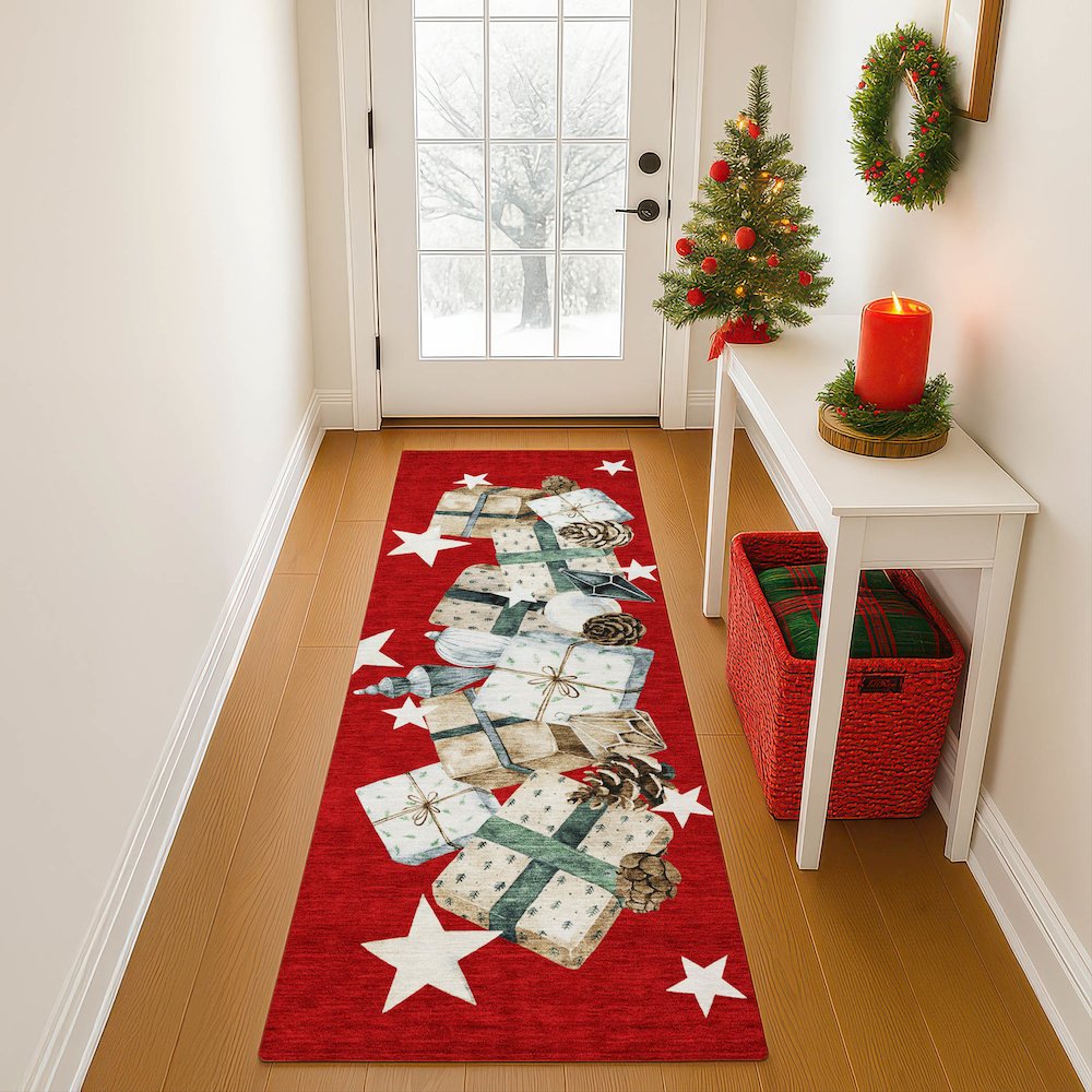 Luxury Washable Indoor/Outdoor Merry & Bright Red 2'3" x 7'6" Runner Rug. Picture 5