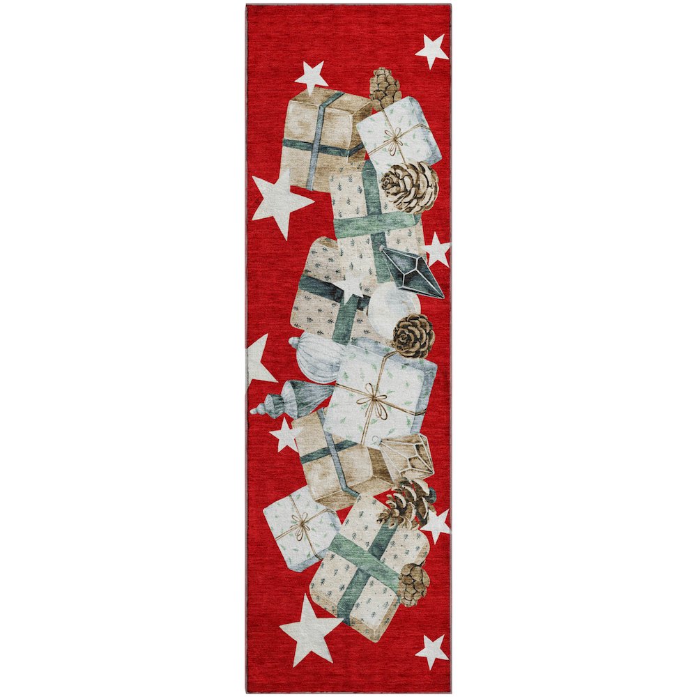 Luxury Washable Indoor/Outdoor Merry & Bright Red 2'3" x 7'6" Runner Rug. Picture 1