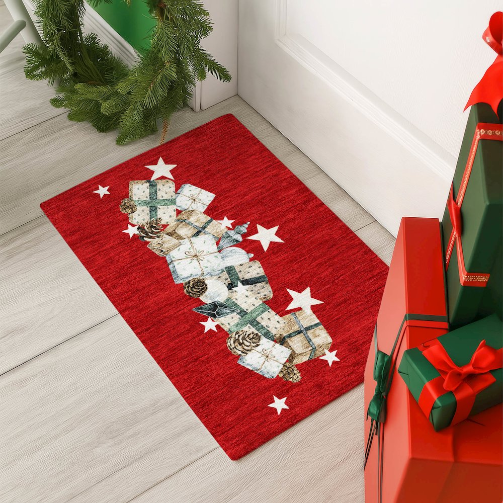Luxury Washable Indoor/Outdoor Merry & Bright Red 1'8" x 2'6" Rug. Picture 5