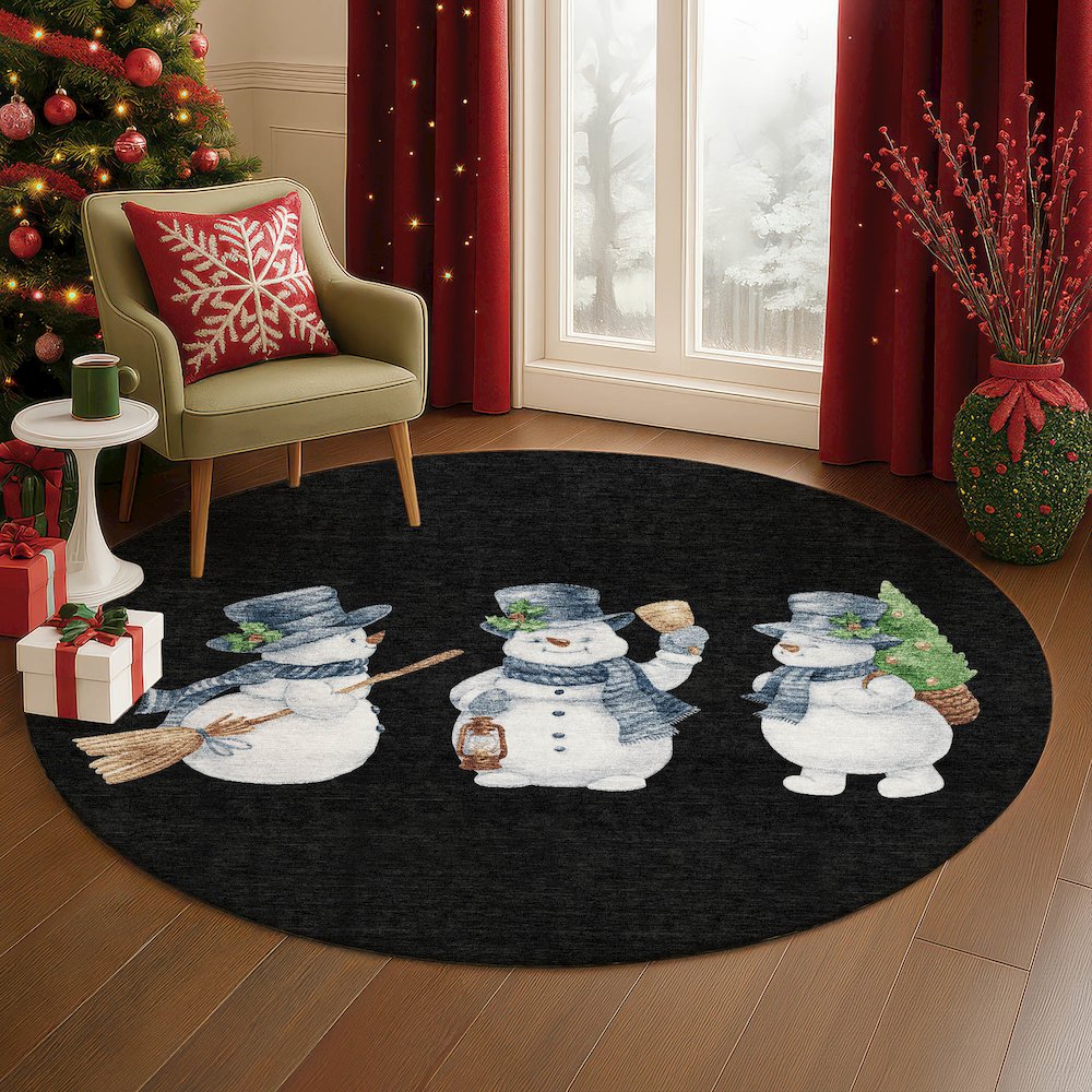 Luxury Washable Indoor/Outdoor Merry & Bright Black 8' x 8' Round Rug. Picture 5