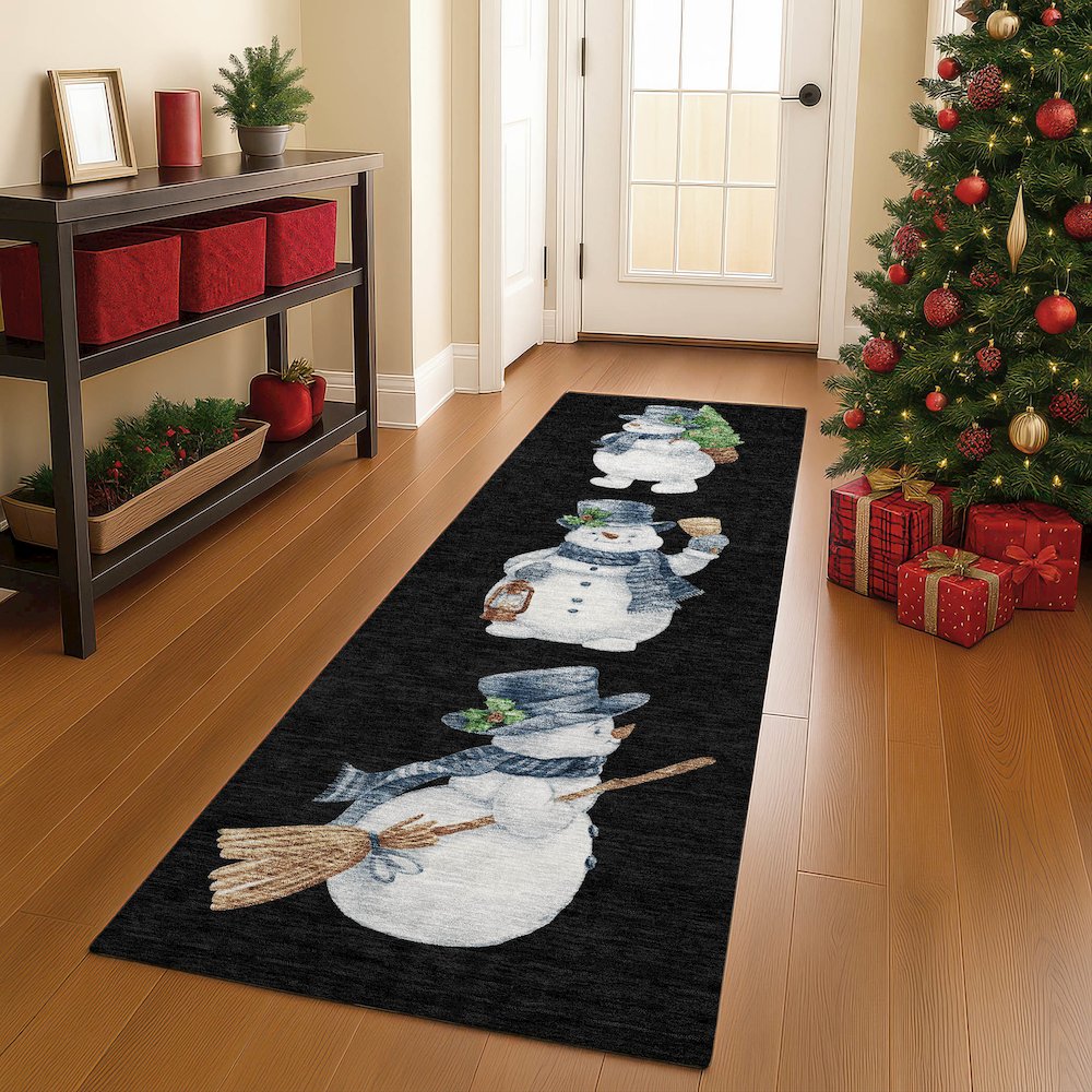 Luxury Washable Indoor/Outdoor Merry & Bright Black 2'3" x 7'6" Runner Rug. Picture 5