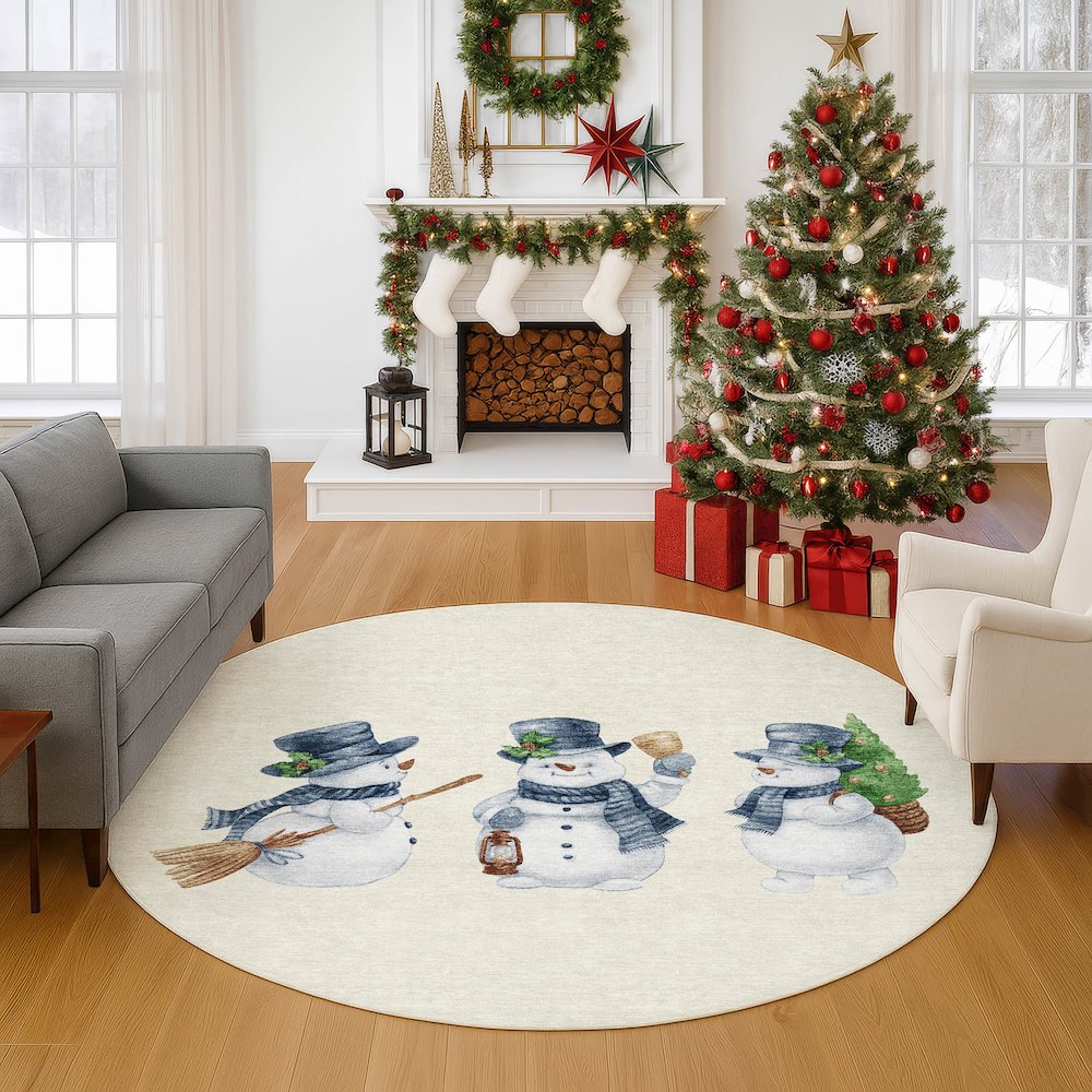 Luxury Washable Indoor/Outdoor Merry & Bright Ivory 8' x 8' Round Rug. Picture 5