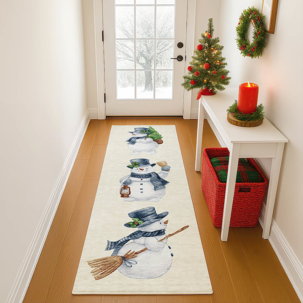 Luxury Washable Indoor/Outdoor Merry & Bright Ivory 2'3" x 7'6" Runner Rug. Picture 5