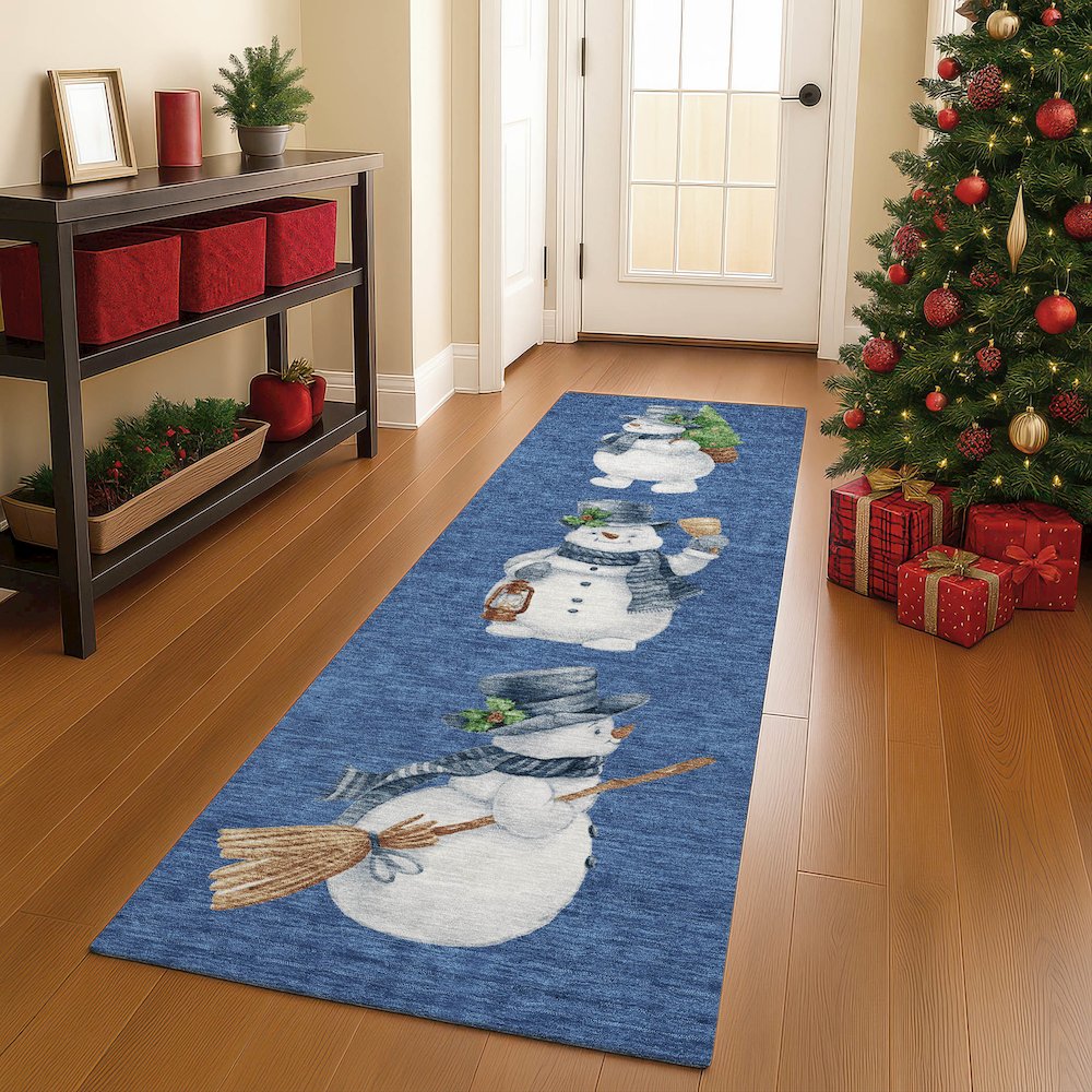 Luxury Washable Indoor/Outdoor Merry & Bright Navy 2'3" x 7'6" Runner Rug. Picture 5