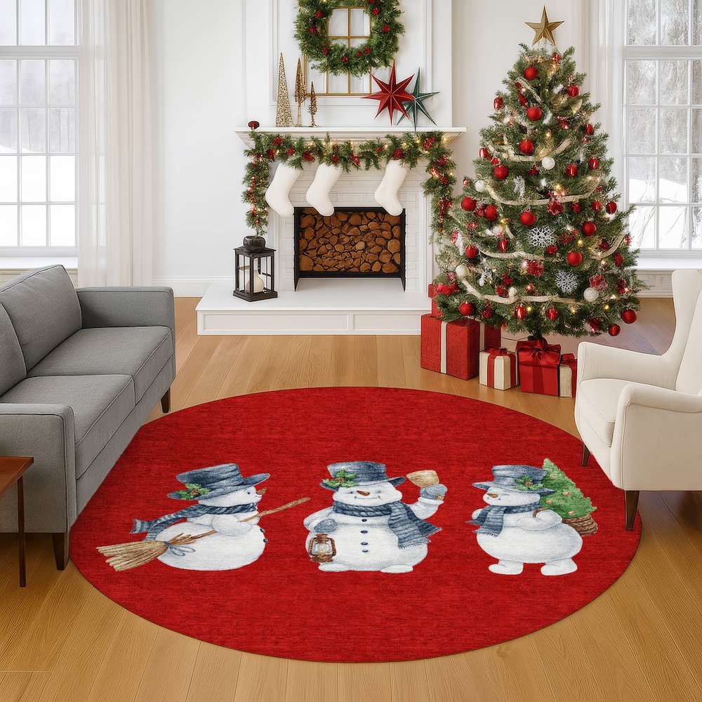 Luxury Washable Indoor/Outdoor Merry & Bright Red 8' x 8' Round Rug. Picture 5