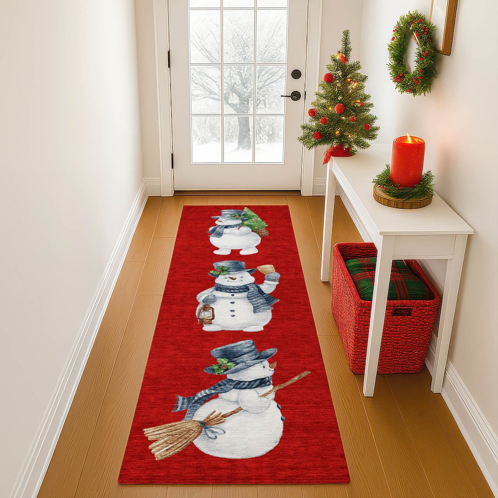 Luxury Washable Indoor/Outdoor Merry & Bright Red 2'3" x 7'6" Runner Rug. Picture 5
