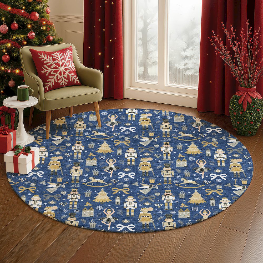 Luxury Washable Indoor/Outdoor Merry & Bright Navy 8' x 8' Round Rug. Picture 5