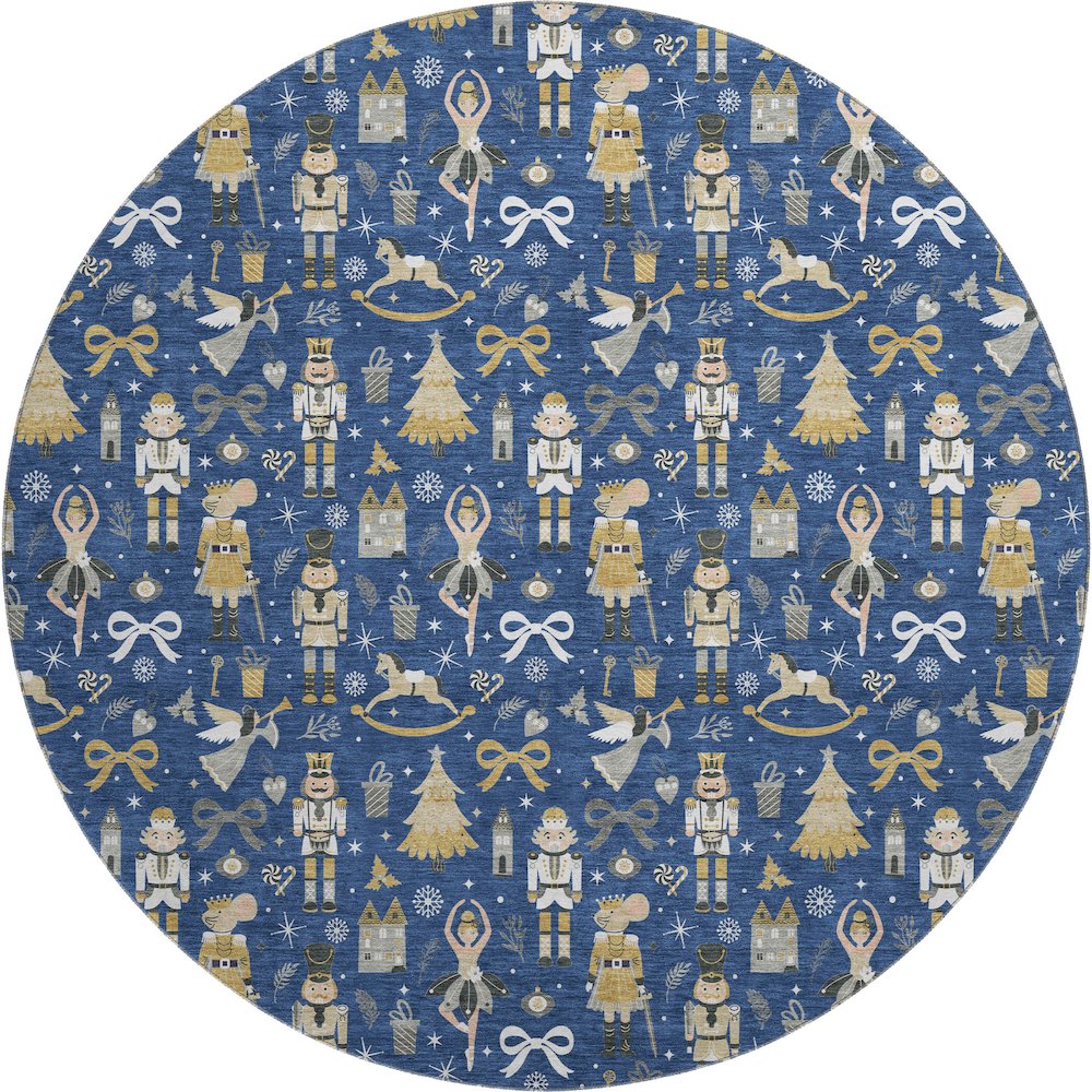 Luxury Washable Indoor/Outdoor Merry & Bright Navy 8' x 8' Round Rug. Picture 1