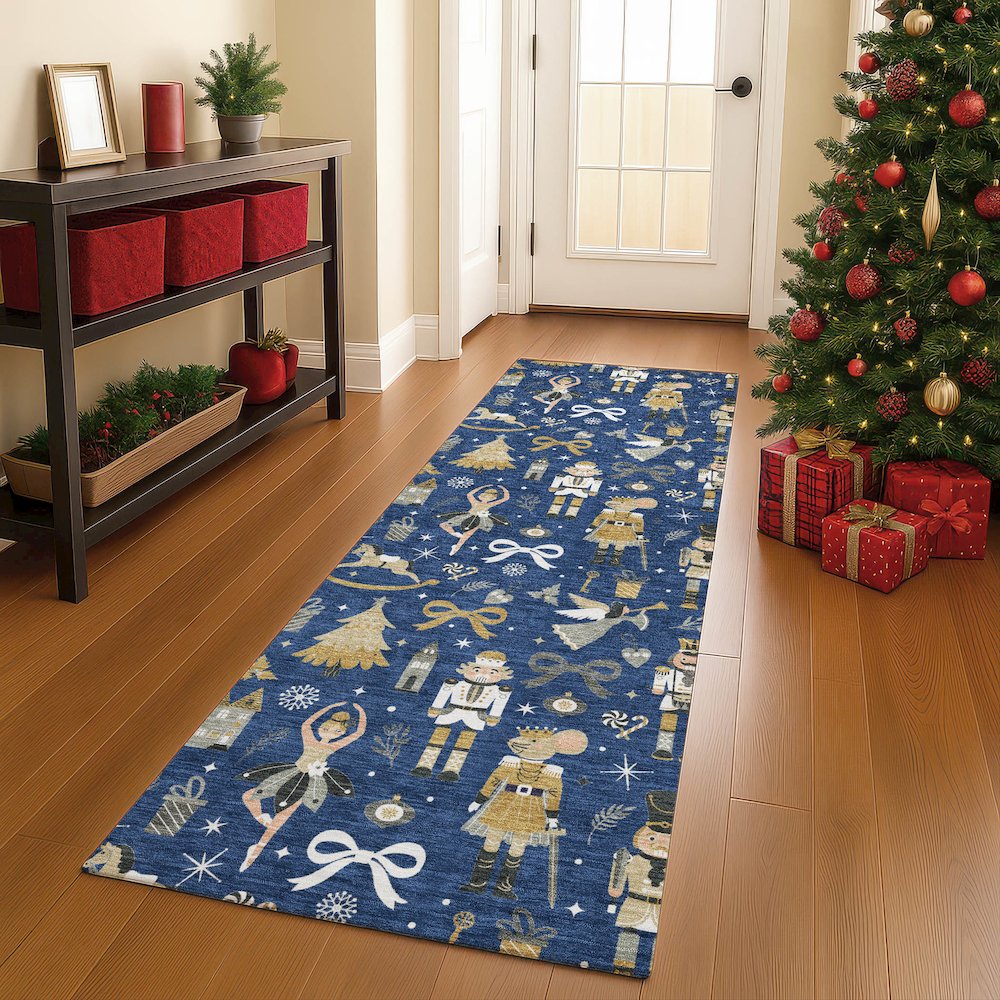 Luxury Washable Indoor/Outdoor Merry & Bright Navy 2'3" x 7'6" Runner Rug. Picture 5