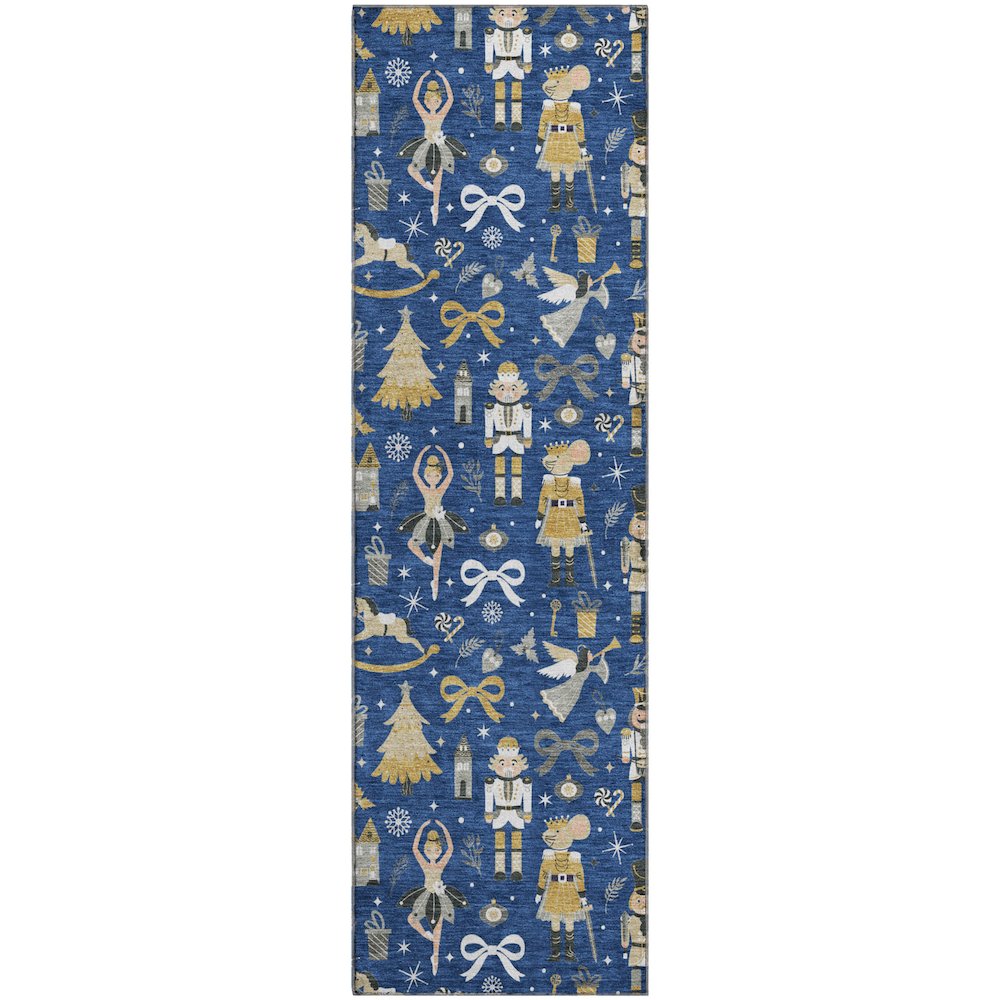 Luxury Washable Indoor/Outdoor Merry & Bright Navy 2'3" x 7'6" Runner Rug. Picture 1