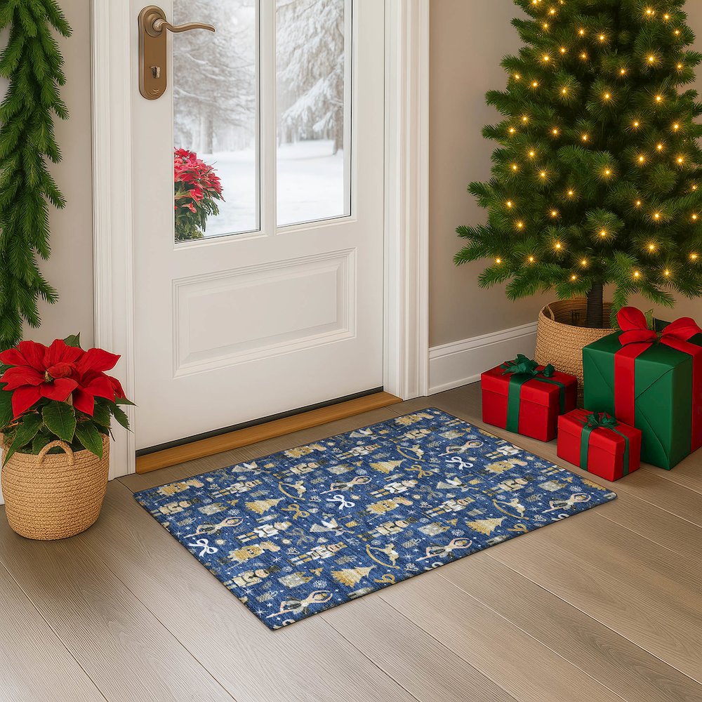Luxury Washable Indoor/Outdoor Merry & Bright Navy 1'8" x 2'6" Rug. Picture 5