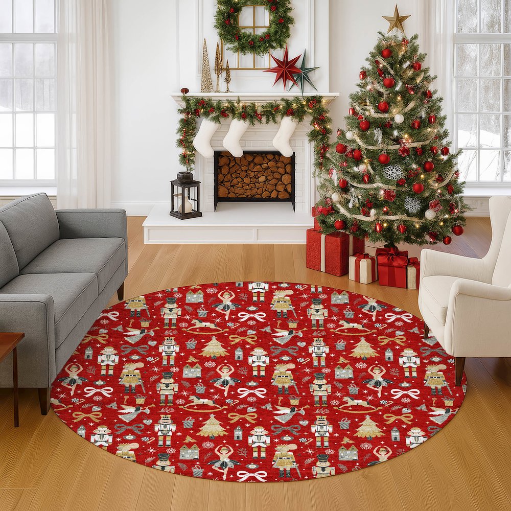Luxury Washable Indoor/Outdoor Merry & Bright Red 8' x 8' Round Rug. Picture 5