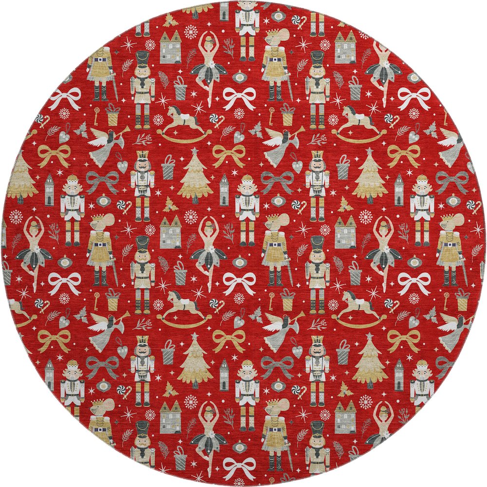 Luxury Washable Indoor/Outdoor Merry & Bright Red 8' x 8' Round Rug. Picture 1