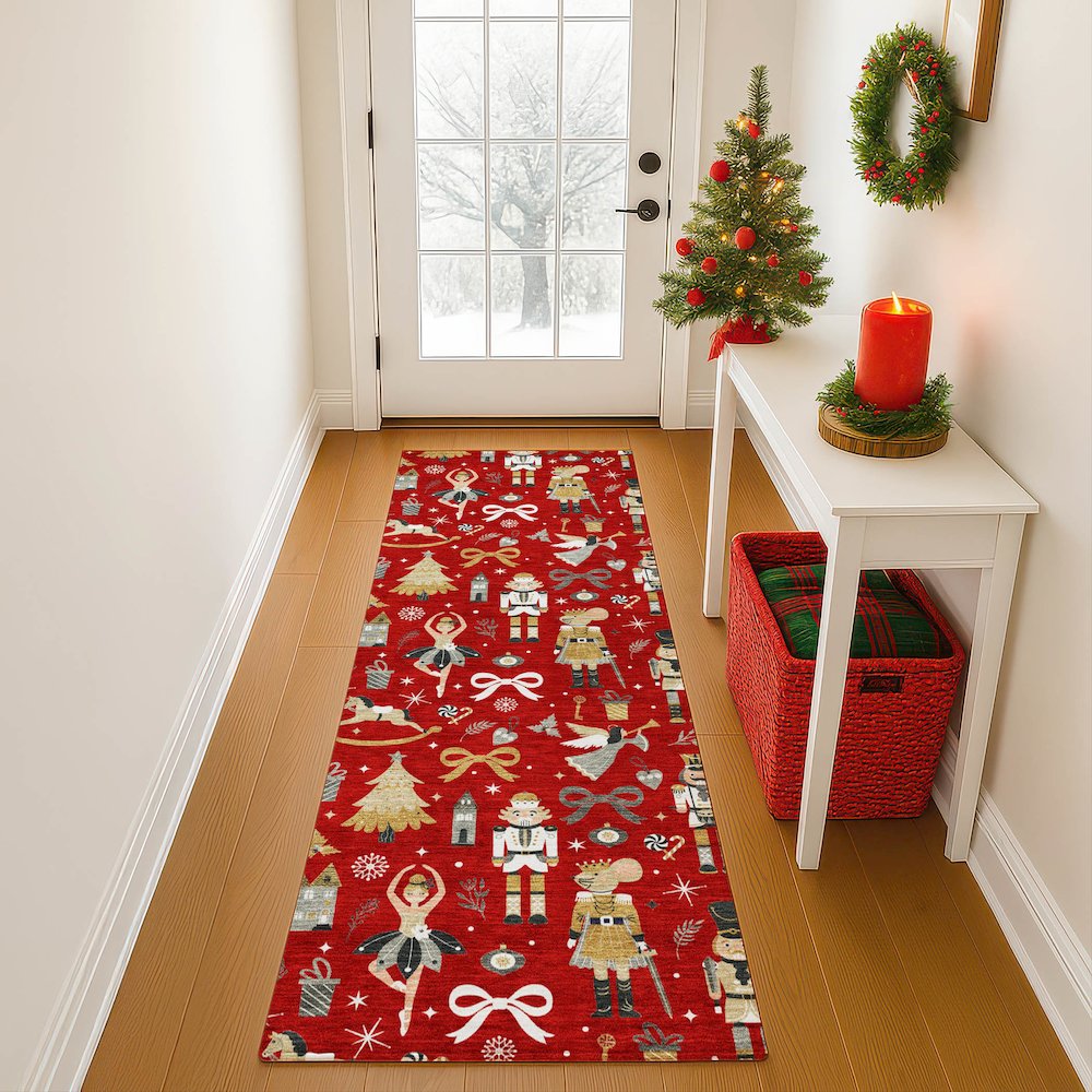 Luxury Washable Indoor/Outdoor Merry & Bright Red 2'3" x 7'6" Runner Rug. Picture 5