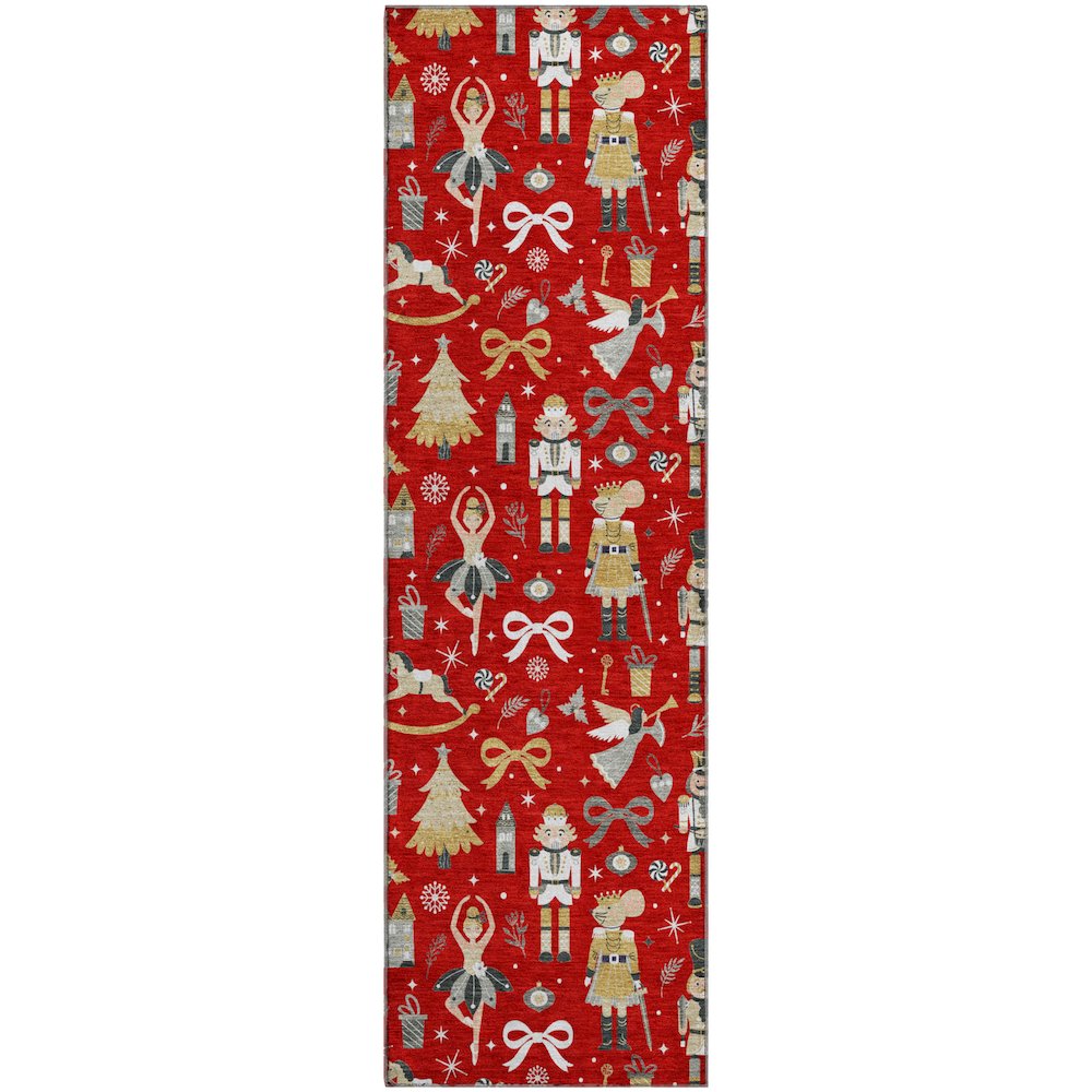 Luxury Washable Indoor/Outdoor Merry & Bright Red 2'3" x 7'6" Runner Rug. Picture 1
