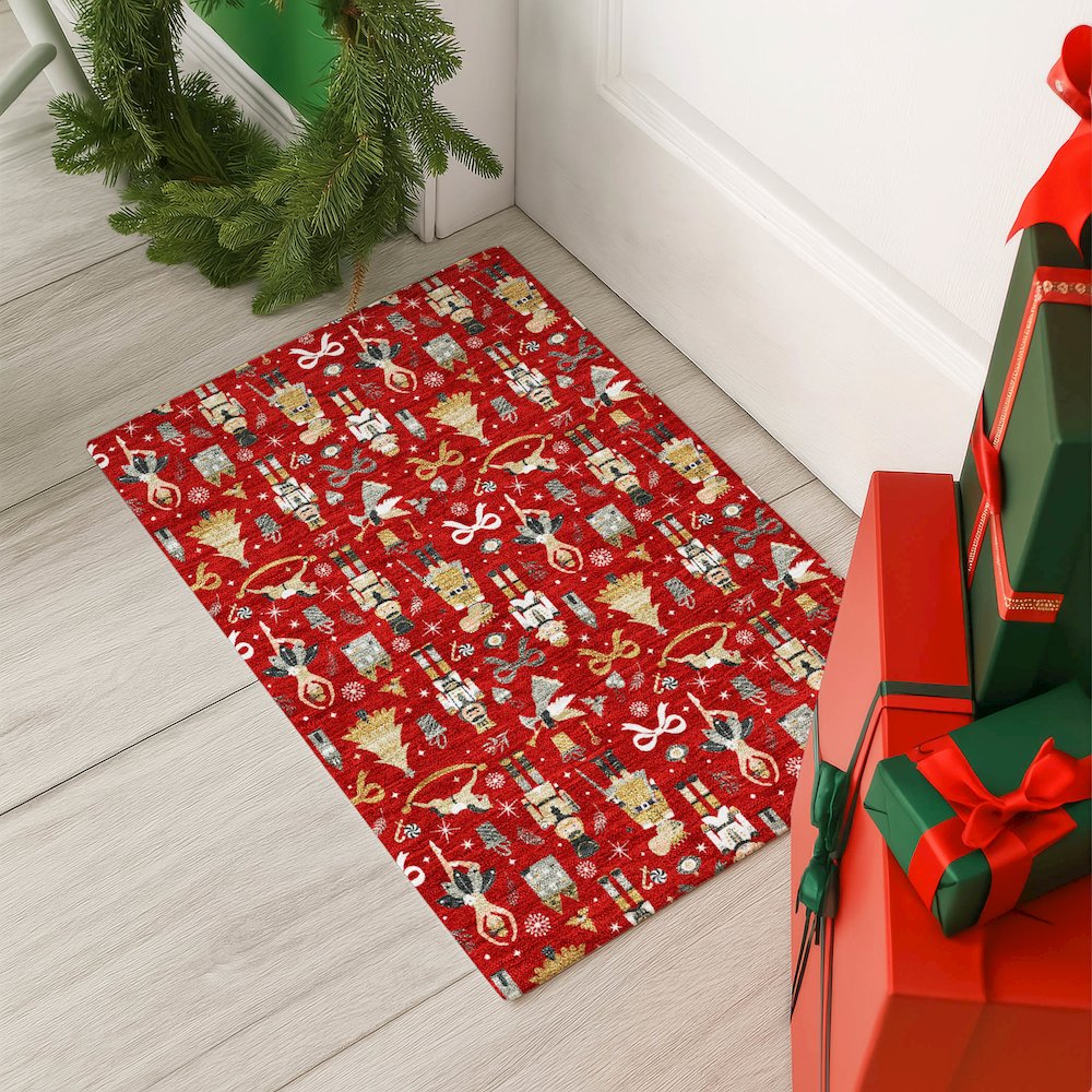 Luxury Washable Indoor/Outdoor Merry & Bright Red 1'8" x 2'6" Rug. Picture 5