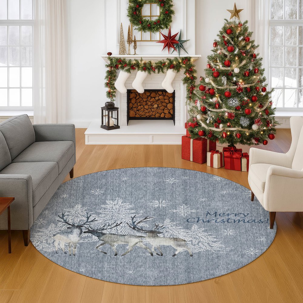 Luxury Washable Indoor/Outdoor Merry & Bright Gray 8' x 8' Round Rug. Picture 5