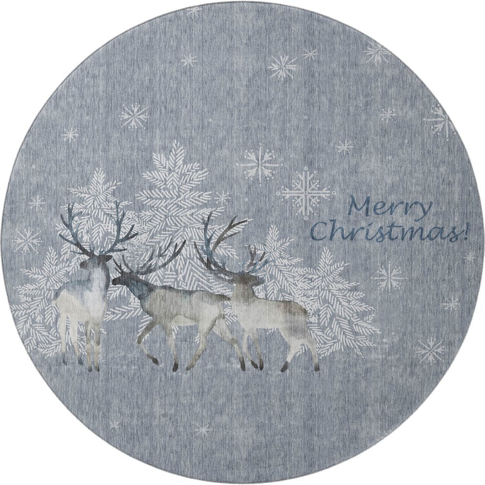 Luxury Washable Indoor/Outdoor Merry & Bright Gray 8' x 8' Round Rug. Picture 1