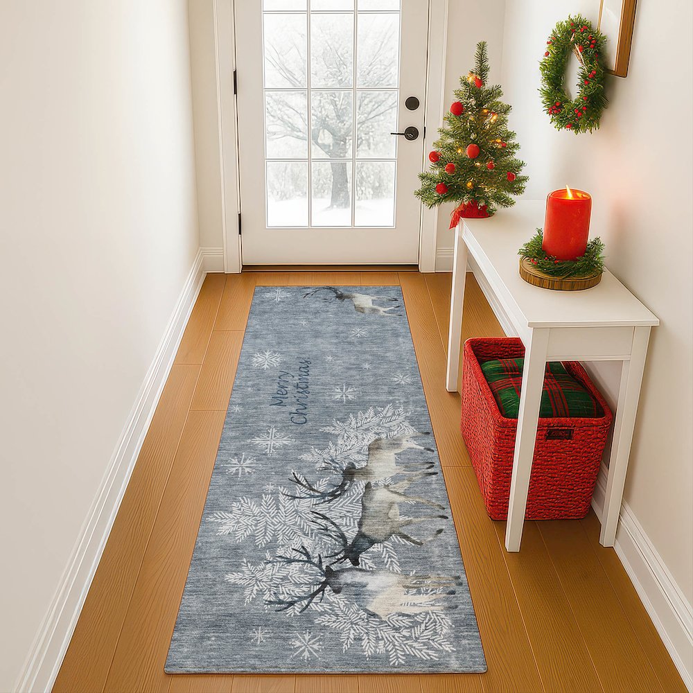 Luxury Washable Indoor/Outdoor Merry & Bright Gray 2'3" x 7'6" Runner Rug. Picture 5