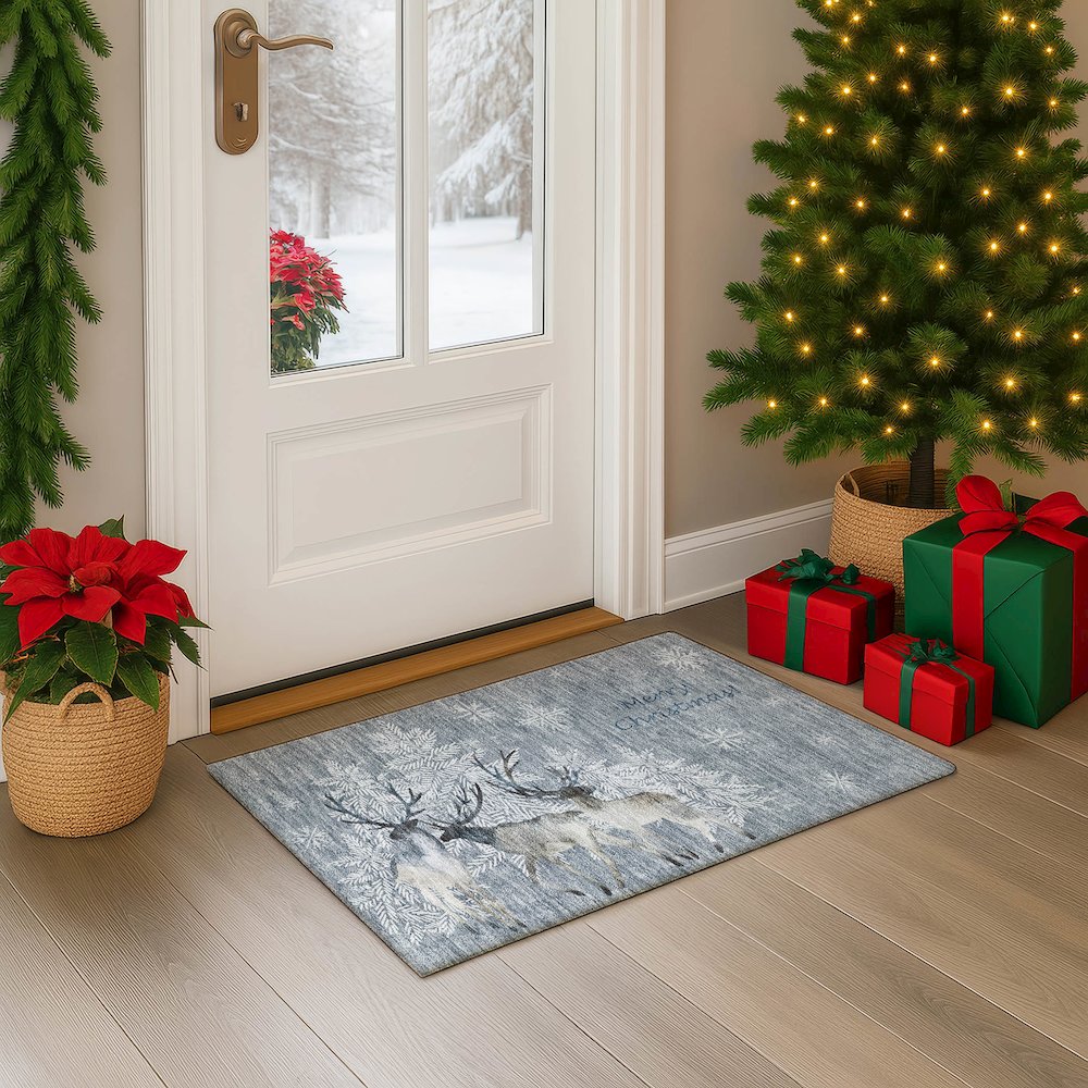 Luxury Washable Indoor/Outdoor Merry & Bright Gray 1'8" x 2'6" Rug. Picture 5