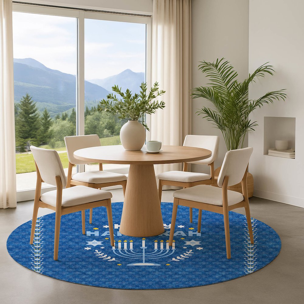 Luxury Washable Indoor/Outdoor Merry & Bright Blue 8' x 8' Round Rug. Picture 5