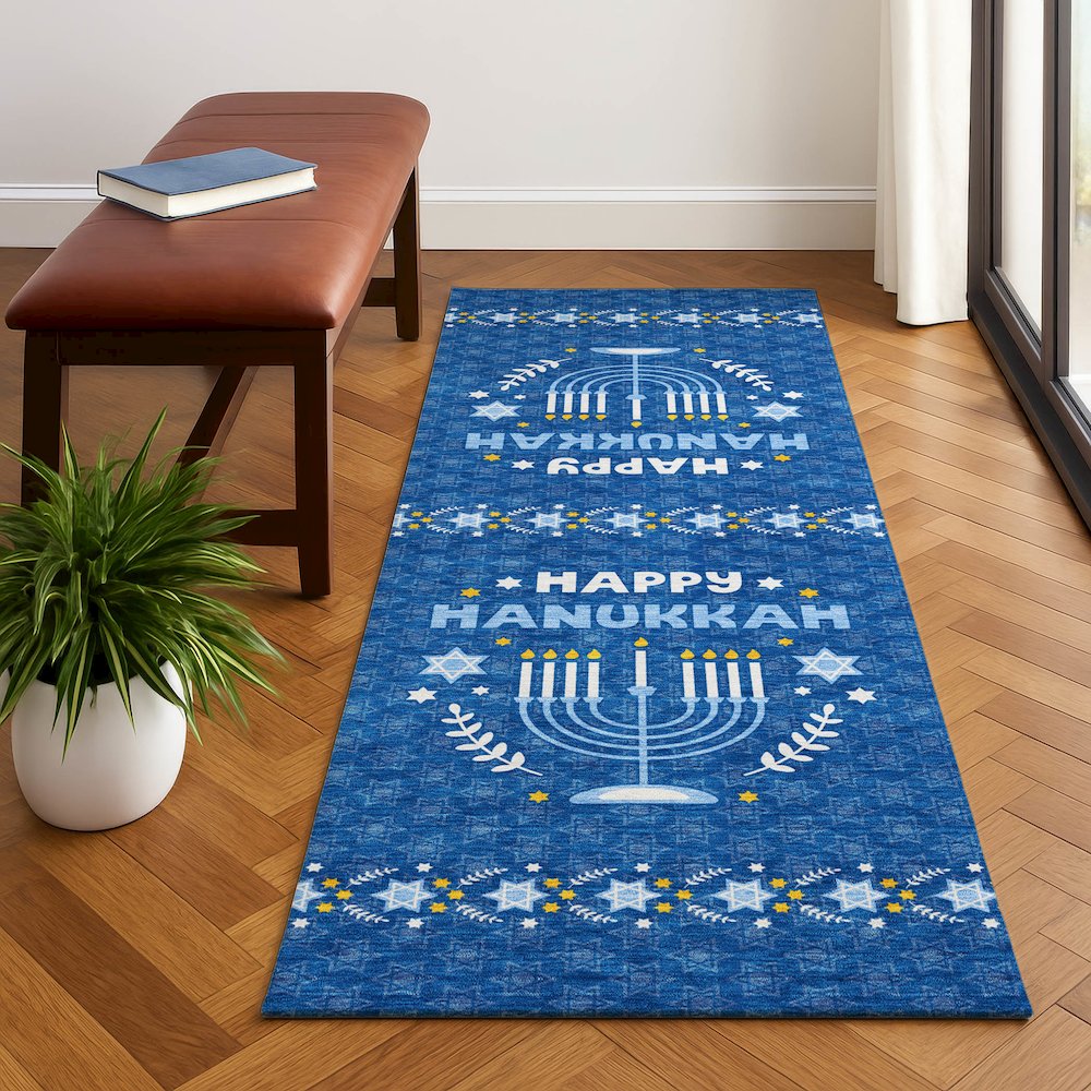 Luxury Washable Indoor/Outdoor Merry & Bright Blue 2'3" x 7'6" Runner Rug. Picture 5