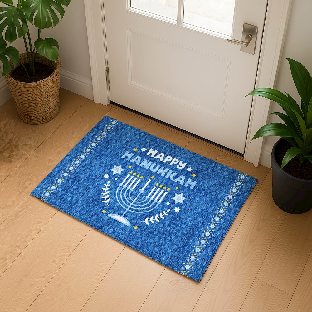 Luxury Washable Indoor/Outdoor Merry & Bright Blue 1'8" x 2'6" Rug. Picture 5